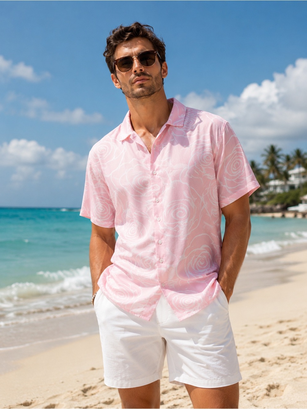 Men's Light Pink Floral Short-Sleeve Button-Down Shirt